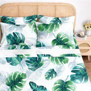 Queen Sheet Set 6 Pieces (Green Monstera Deliciosa), Cottage Core Botanical